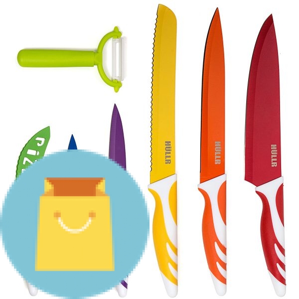 HULLR 7 Piece Kitchen Knife Set Stainless Steel Knives With Multi Colored Non-Stick Coating Includes Ceramic Peeler Gift Box