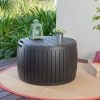 Keter 37 Gallon Circa Round Outdoor Storage Table with Wood Look, Used as Seating and Side Table in a Garden Setting