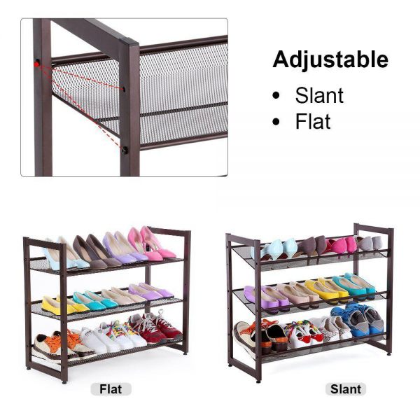 3-Tier Stackable Metal Shoe Rack Flat & Slant Adjustable Shoe Organizer Shelf