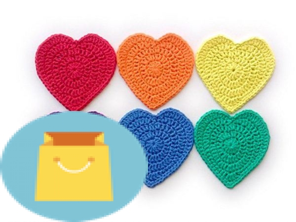 Crochet rainbow heart coasters