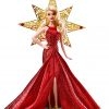 2017 Holiday Barbie Doll Blonde wearing red metallic dress and star accessory