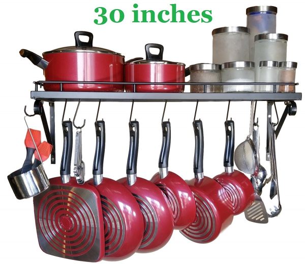 30" Wall-Mounted Pots and Pans Rack with 10 Hooks – Space-Saving Kitchen Storage Solution