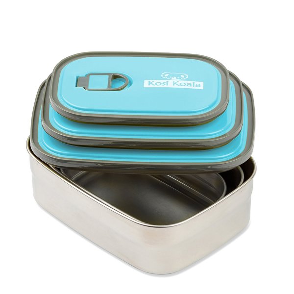 Bento Lunch Box Stainless Steel Food Containers Blue Set of 3