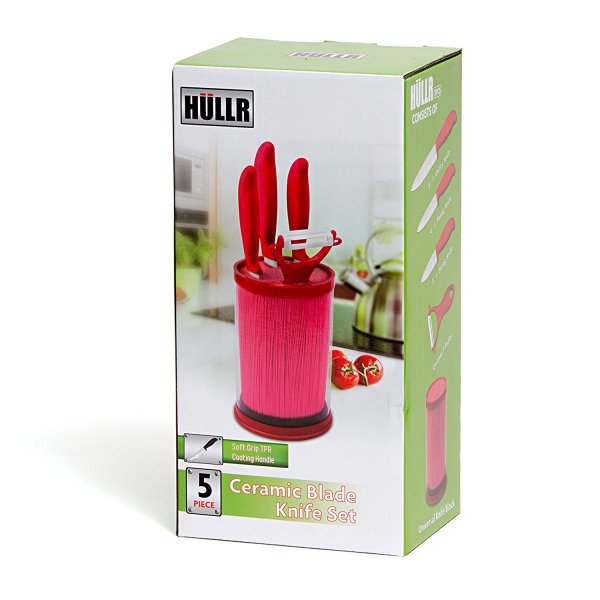 HULLR 5 Piece Red Ceramic Blade Kitchen Knife Set With Acrylic Stand