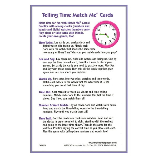 Trend Enterprises Telling Time Match Me Cards Game