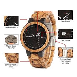 BOBO BIRD Mens Wooden Watch Analog Quartz with Week Display