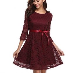 Contrast Lace A-Line Swing Party Dress With Belt