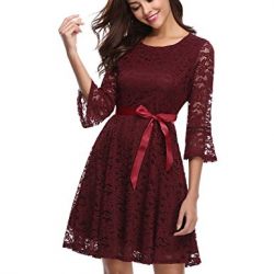 Contrast Lace A-Line Swing Party Dress With Belt