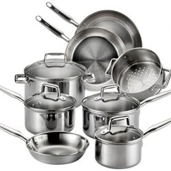 T-fal Tri-ply Stainless Steel Multi-clad Dishwasher Safe Oven Safe Cookware Set, 12-Piece, Silver