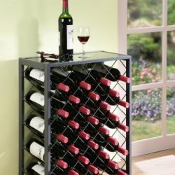 Mango Steam 32 Bottle Wine Rack with Glass Table Top, Pewter