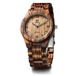 LeeEv EV1918 Mens Wood Watch for Men HandCrafted Zebra Sandal Wood Vintage Wooden Watches