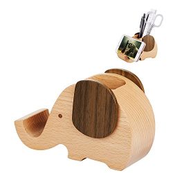 Wooden Elephant Phone Stand with Pen&Pencil Holder