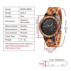 BOBO BIRD Mens Wooden Watch Analog Quartz with Week Display