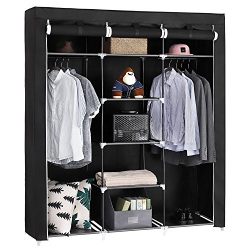 Portable Clothes Closet Non-woven Fabric Wardrobe Double Rod Storage Organizer Black