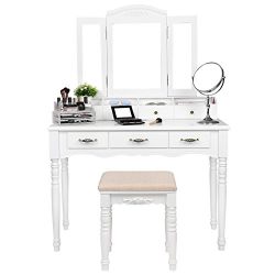 7 Drawers Vanity Table Set with Tri-folding Necklace Hooked Mirror, 6 Organizers Makeup Dressing Table