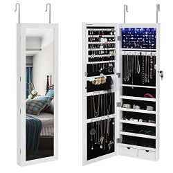 LEDs Jewelry Cabinet Lockable Wall Door Mounted Jewelry Armoire Organizer with Mirror