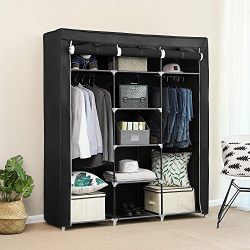 Portable Clothes Closet Non-woven Fabric Wardrobe Double Rod Storage Organizer Black
