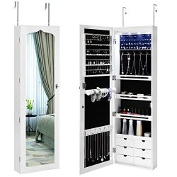 LED Jewelry Cabinet Armoire with 6 Drawers Lockable Door Mounted Jewelry Organizer