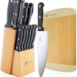 Knife Set with Block 15-Piece Stainless Steel Bamboo Board