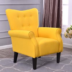 Belleze Modern Accent Chair Roll Arm Linen Living Room Bedroom Wood Leg (Citrine Yellow)