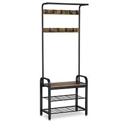 Removable Hooks Coat Rack Bench with 2-tier Shoe Rack Entryway Storage Shelf