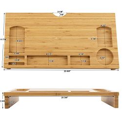 Bamboo Monitor Stand Riser with Storage Organizer, Laptop Cellphone TV Printer Stand Desktop Container