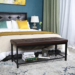 Metal Entryway Hallway Upholstered Bed Bench with Storage Shelf Brown
