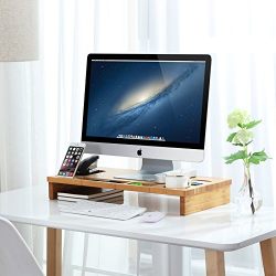 Bamboo Monitor Stand Riser with Storage Organizer, Laptop Cellphone TV Printer Stand Desktop Container