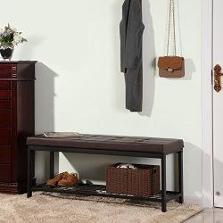 Metal Entryway Hallway Upholstered Bed Bench with Storage Shelf Brown