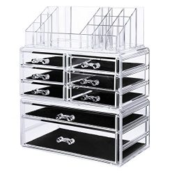 Makeup Organizer 8 Drawers Cosmetic Storage 3 Pieces Set Jewelry Display Case with 16 Top Compartments