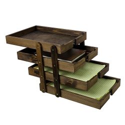 4 Tier Collapsible Vintage Wood Document Tray Organizer, Expandable Office File Holder, Brown