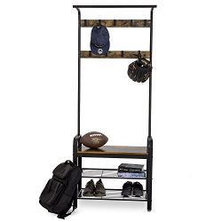Removable Hooks Coat Rack Bench with 2-tier Shoe Rack Entryway Storage Shelf