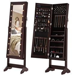 LED Jewelry Cabinet Lockable Jewelry Armoire with Full Length Mirror 20 Large Romantic Marquee Lights
