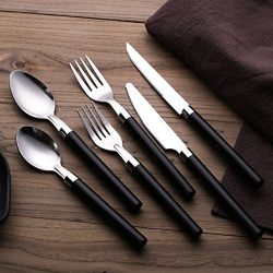 Moxinox 48 Piece Flatware Set Silverware Tableware Plastic Handle Steak Knife Spoons Forks Knives Box Fork with Cutlery Tray (Black)