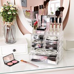 Makeup Organizer 8 Drawers Cosmetic Storage 3 Pieces Set Jewelry Display Case with 16 Top Compartments