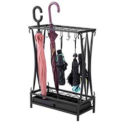 Modern Black Metal Umbrella Stand Holder Storage Rack with Removable Base Drip Tray