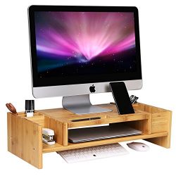 Bamboo 2-Tier Monitor Stand Riser with Adjustable Storage Organizer