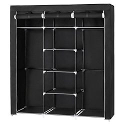 Portable Clothes Closet Non-woven Fabric Wardrobe Double Rod Storage Organizer Black