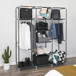 Portable Clothes Closet Non-woven Fabric Wardrobe Double Rod Storage Organizer Black