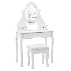 Vanity Set with Mirror and Stool Make-up Dressing Table 5 Drawers with 2 Dividers, White