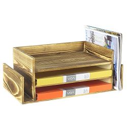 Rustic Burnt Wood 3-Tier Office Desktop Document Tray & Mail Sorter Organizer Rack