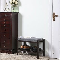 Bamboo Wood Shoe Bench Rack with Cushion Upholstered Padded Seat Storage Shelf Bench