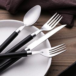 Moxinox 48 Piece Flatware Set Silverware Tableware Plastic Handle Steak Knife Spoons Forks Knives Box Fork with Cutlery Tray (Black)