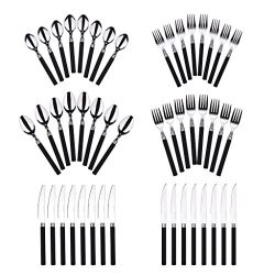 Moxinox 48 Piece Flatware Set Silverware Tableware Plastic Handle Steak Knife Spoons Forks Knives Box Fork with Cutlery Tray (Black)