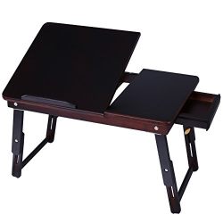 Bamboo Adjustable Laptop Desk Foldable Breakfast Serving Bed Tray w' Tilting Top and Drawer