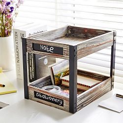 2 Tier Industrial Style Torched Wood Desktop Document Tray, Paper File Holder with Chalkboard Labels