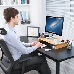 Bamboo Monitor Stand Riser with Storage Organizer, Laptop Cellphone TV Printer Stand Desktop Container
