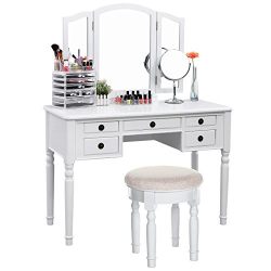 Vanity Set Tri-folding Mirror Make-up Dressing Table Cushioned Stool 5 Drawers