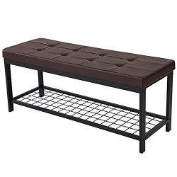 Metal Entryway Hallway Upholstered Bed Bench with Storage Shelf Brown