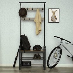 Removable Hooks Coat Rack Bench with 2-tier Shoe Rack Entryway Storage Shelf